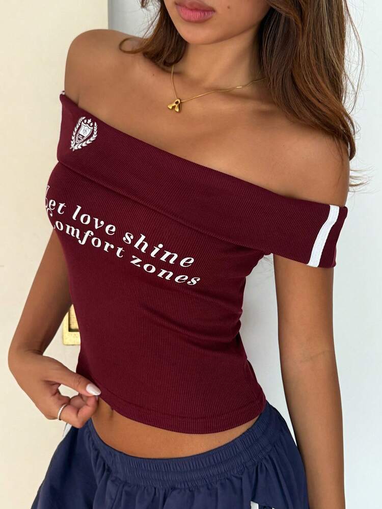 Women's Off-Shoulder Strap Splicing Printed Fitted Cropped Casual T-Shirt