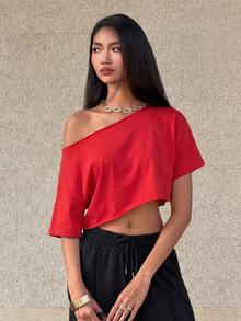 SHEIN Unity Áo thun nữ tay ngắn màu trắng, trễ vai, vạt tua rua, dáng rộng, phong cách đường phố đa năng Y2K, thích hợp cho mùa xuân/hè. - Đỏ - Xem 5