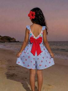 Sparklyn Girls Casual Cute Bow Ruffle Sleeve Romper, Summer - Blue - View 5