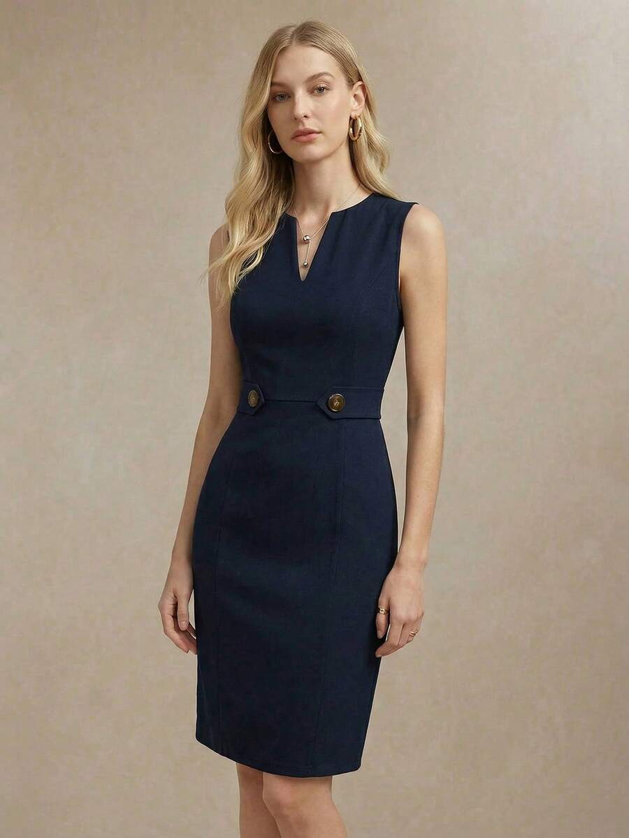 BizChic Đầm nữ màu xanh hải quân cổ tròn, cổ chữ V, không tay, thắt eo, cài cúc kim loại, kiểu dáng hiện đại, thanh lịch, phù hợp cho công sở, đi làm hàng ngày, lãng mạn, retro thập niên 90, trang phục Giáng sinh và Năm mới, đầm dự tiệc Ngày Valentine, đi biển, tốt nghiệp, thời trang, lễ hội, kỳ nghỉ, thích hợp cho khách dự đám cưới, chủ nhà, hẹn hò, tiệc tùng, hòa nhạc, bữa trưa muộn, sân bay. - Màu xanh hải quân - Xem 1