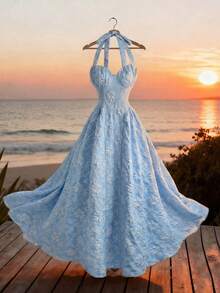 Franclia Đầm chữ A thanh lịch, tinh tế, lãng mạn dành cho nữ, kiểu cổ yếm buộc dây, chất liệu jacquard, màu xanh nhạt, thích hợp cho mùa xuân/hè. - Màu xanh lam - Xem 3