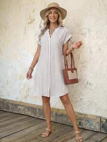 Faunlyn 女士条纹V领单排扣休闲宽松连衣裙 - 彩色 - 查看 4