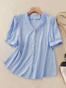 EMERY ROSE Plus Size Solid V-Neck Lace Short Sleeve Front Button Summer Blouse - Blue - View 1