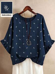 SHEIN EMERY ROSE CURVE 大码休闲树叶刺绣荷叶边衬衫 - 藏蓝色 - 查看 1