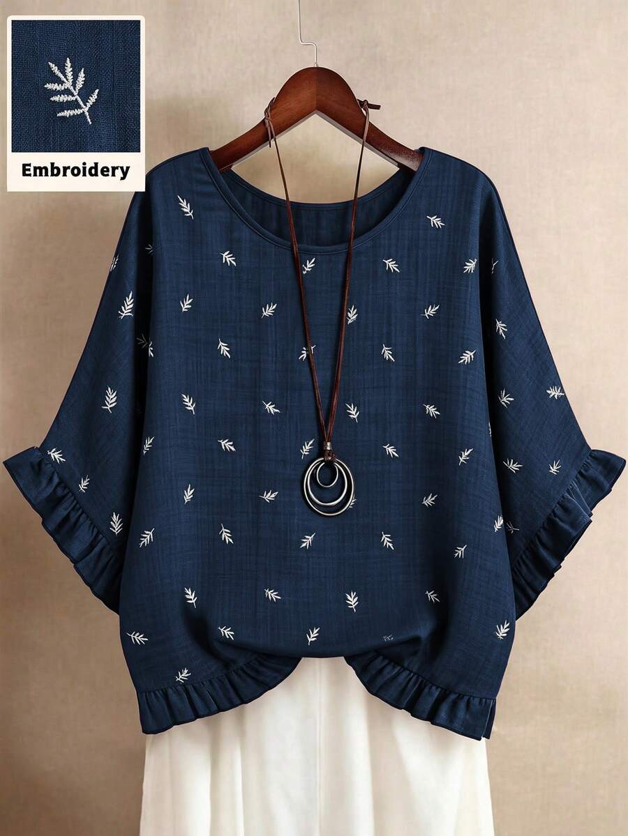 SHEIN EMERY ROSE CURVE 大码休闲树叶刺绣荷叶边衬衫 - 藏蓝色 - 查看 1