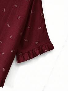 SHEIN EMERY ROSE CURVE Plus Size Embroidered Pattern Round Neck Long Sleeve Shirt - Burgundy - View 6