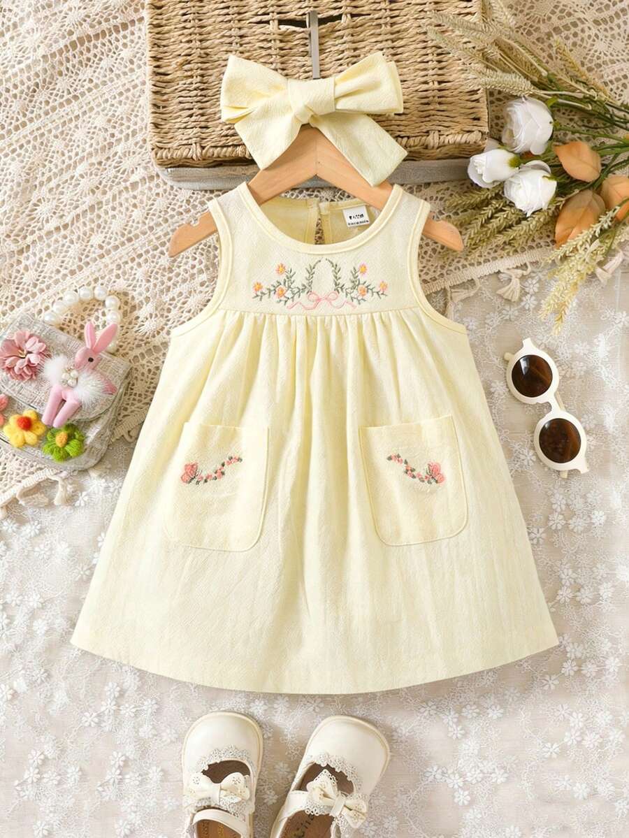 SHEIN Vintaside Kids Baby Girl Sleeveless Casual Floral Embroidered Dress, Summer - Yellow - View 1