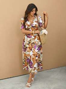 Elaquor Plus Size Casual Vacation Elegant V-Neck Cinched Waist Dress - Multicolor - View 4