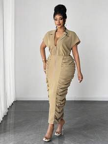 Maweii Đầm ngắn tay dáng ôm eo thời trang dành cho người có thân hình đầy đặn, thích hợp mặc đi làm. - Màu Khaki - Xem 3