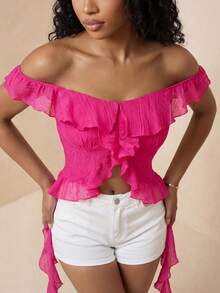Women's Off Shoulder Top, Sexy Vacation Style, Textured Fabric Design With Ruffle Hem - Hot Pink - View 3