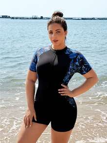Swim SPRTY Áo tắm liền thân tay lửng in họa tiết dành cho nữ cỡ lớn năm 2026, kiểu dáng tối giản, thích hợp mặc hàng ngày trong kỳ nghỉ. - Nhiều màu - Xem 3