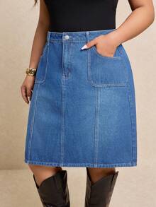 Elaquor Minifalda vaquera recta, versátil y casual con bolsillos para mujer de talla grande - Azul lavado medio - Ver 6