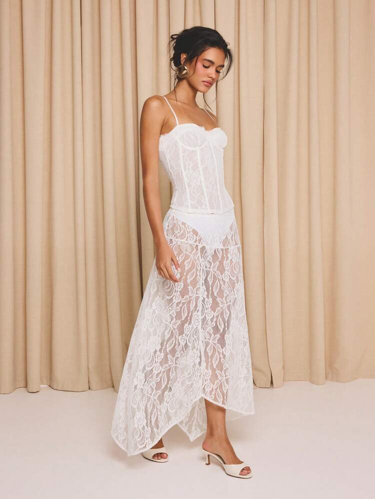 White Lace Asymmetric Hem Skirt