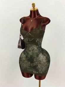 Amplova Damen Leoparden-Muster Mini-Kleid, Kontrast-Spitze sexy Träger Boho-Kleid, geeignet für Herbst/Winter Layering, super Rock, warm und süß für Alltag/Date-Outfit - Armeegrün - Übersicht 3