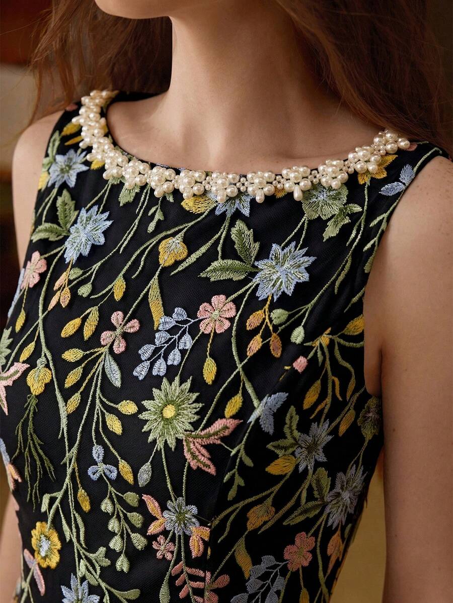 MOTF PREMIUM WOMEN'S EMBROIDERY MESH FLORAL PATTERN ROMANTIC DATE SLEEVELESS LONG DRESS, SPRING/SUMMER - Black - View 2