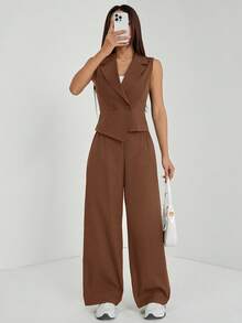 SHEIN PETITE 两件套秋季服装 2件套/组 女士纯色无袖上衣和裤子 秋季服装 - 棕色 - 查看 3