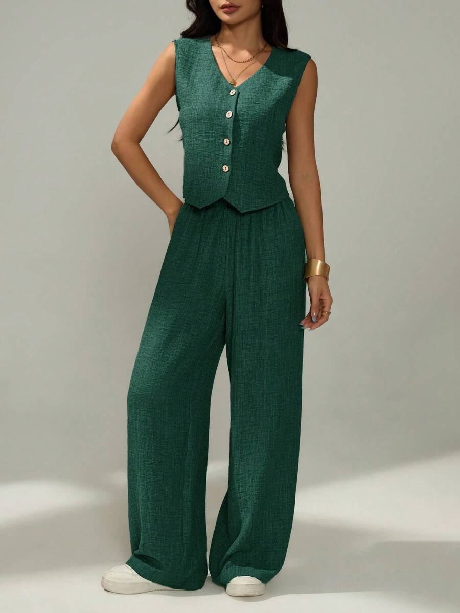 SHEIN PETITE Conjunto casual de 2 piezas para mujer con chaleco de un solo botonadura de unicolor y pantalones de pierna ancha - Verde Oscuro - Ver 1