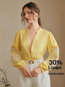 Anewsta Áo kiểu nữ thêu, tươi tắn và thanh lịch, họa tiết thêu tinh tế, cổ chữ V tay phồng, dáng rộng và tôn dáng. - Màu vàng - Xem 4