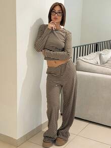 IamThia Damen Lässig Homewear Pyjama Set, beinhaltet gestreiftes Crew Neck Langarm T-Shirt und weite gestreifte gerade Hose, geeignet für den täglichen Gebrauch, Sport, Herbst/Winter - Braun - Übersicht 5