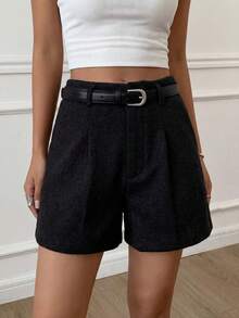 DAZY Women's Solid Color Casual Loose Fit Wool Blend Shorts, Autumn/Winter - Black - View 2
