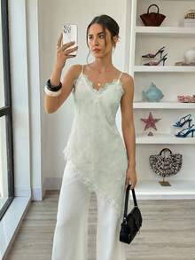 Elouméa Camiseta de mujer con escote en V y bajo asimétrico de encaje, adecuada para vacaciones, uso diario, citas, primavera/verano - verde menta - Ver 6