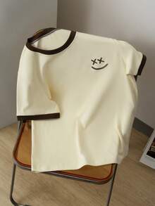 Manfinity Hypemode 男士休闲撞色滚边印花短袖T恤，夏季 - 杏色 - 查看 1