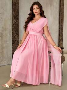Roveilla Plus Size Women's Blush Pink Summer Elegant Formal Wedding Ninang Maxi Dress,Chiffon Shirred Waist Drop Shoulder French Boho Wrap Dresses - Pink - View 6