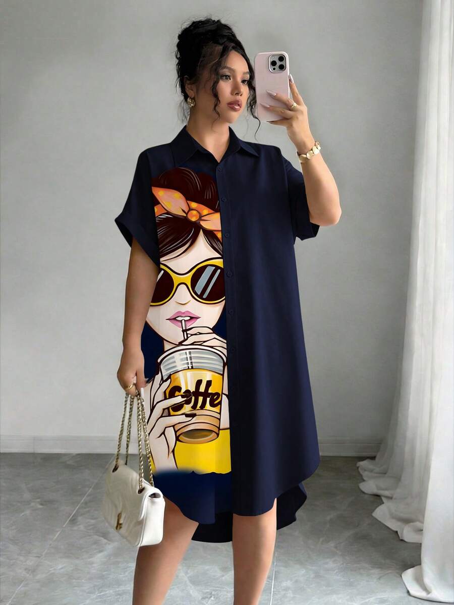 SHEIN LUNE 女士卡通人物印花短袖单排扣休闲衬衫裙 - 藏蓝色 - 查看 1