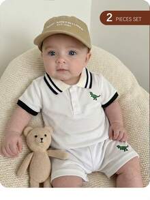 SHEIN Baby Boy Summer Cute White Short Sleeve Polo Shirt And Elastic Waist Shorts Set - White - View 2