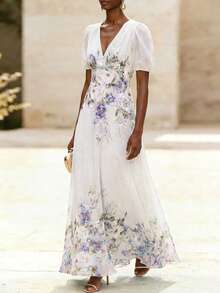 EMERY ROSE Vestido maxi elegante para mujer con estampado, cuello en V, cintura ceñida y corte en A, estampado floral, adecuado para primavera/verano - Multicolor - Ver 5