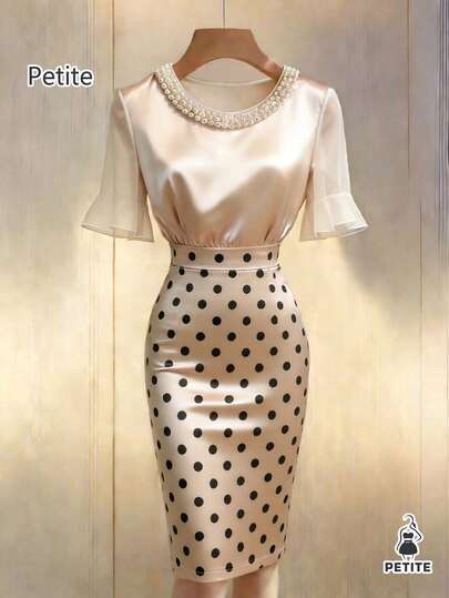 SHEIN PETITE Women's New Champagne Satin Dress With French Collar Pearl Decor, Chiffon Short Sleeve Polka Dot Print Fitted Design, Highlighting Feminine Curves, Spring/Summer Dress, Suitable For Friend Gatherings, Bridesmaid Dresses, Wedding Season, Dates, Banquets And Other Occasions, Pearl Dress, Elegant Dress, Women's Elegant Clothing, Women's Elegant Dress, Women's Luxury Dress