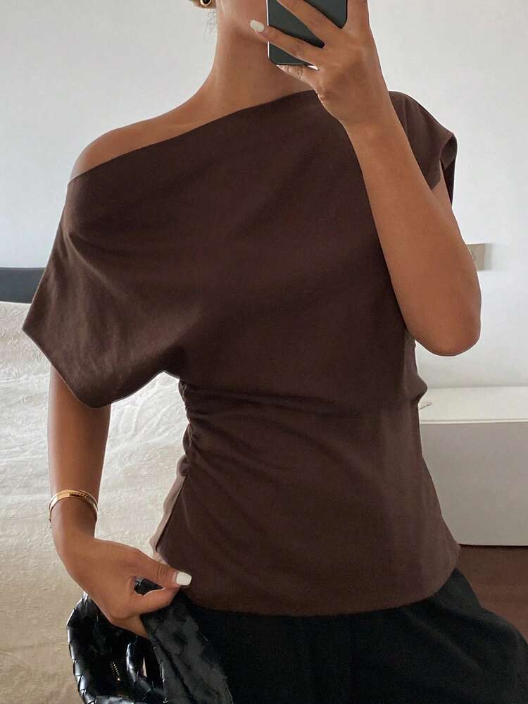 Women's Solid Color Gathered Waist Oblique Shoulder Elegant Formal Summer Blouse