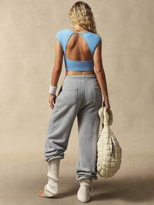 VARSIVA Women's Raglan Sleeve Ruched Cropped Casual Fitness Sports T-Shirt - Blue - View 7