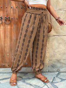 SHEIN LUNE Quần Harem cạp chun in họa tiết cỡ lớn, quần thường ngày thoải mái cho kỳ nghỉ. - Nhiều màu - Xem 6