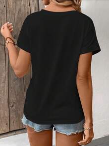 SHEIN LUNE Áo thun nữ cổ chữ V phối ren tương phản, kiểu dáng thường ngày. - màu đen - Xem 2