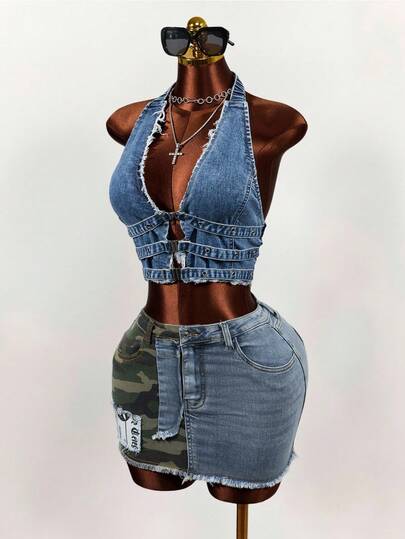 Mistrie Áo yếm denim thời trang màu trơn dành cho nữ