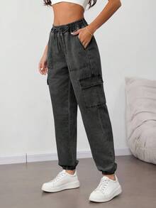 SHEIN Tall 女士抽绳口袋工装风松紧腰宽松休闲锥形裤 - 黑色 - 查看 3
