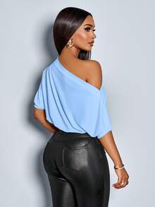 SOLERSUN Women's Solid Asymmetrical Neck Ruched Shoulder Tee - Blue - View 2