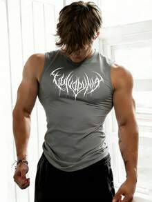 GymBeat Men's Crew Neck Sleeveless Fitted Fashion Print Summer Sports T-Shirt & Tank Top - Dark Grey - View 1