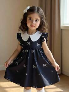 SHEIN Elladie kids 女童优雅黑色蝴蝶结印花喇叭袖荷叶领高腰A字公主裙，适合旅行、度假、派对、生日礼物、夏季 - 黑色 - 查看 4