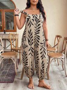 SHEIN Clasi Plus Size Women Spring/Summer Fashion Adjustable Waist Printed Jumpsuit - Apricot - View 6