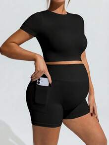 SHEIN Pregnant Women's Solid Color Round Neck Cropped Sports Short Sleeve T-Shirt And Shorts Set, Summer,Word Cup - Black - View 5