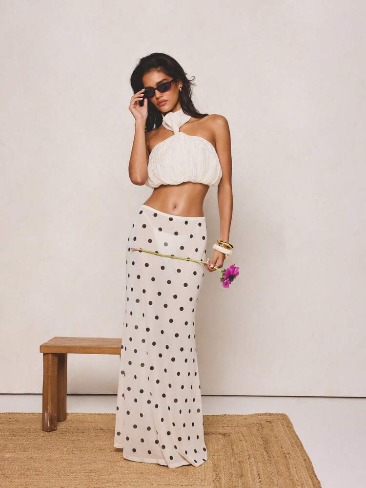 White Polka Dot Mesh Maxi Skirt