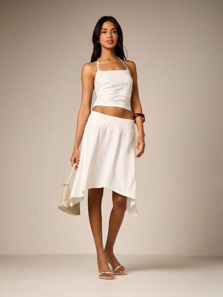 White Lace Panel Asymmetric Hem Skirt
