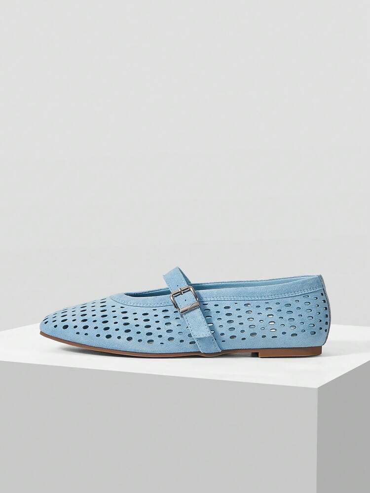 WOMEN'S NEW FRENCH SUEDE HOLLOW BUCKLE WITH SQUARE TOE FLATS, BLUE VERSATILE GENTLE ELEGANCE LIGHTWEIGHT NON-SLIP COMFORTABLE FAIRY STYLE VACATION MARY JANE SHOES
