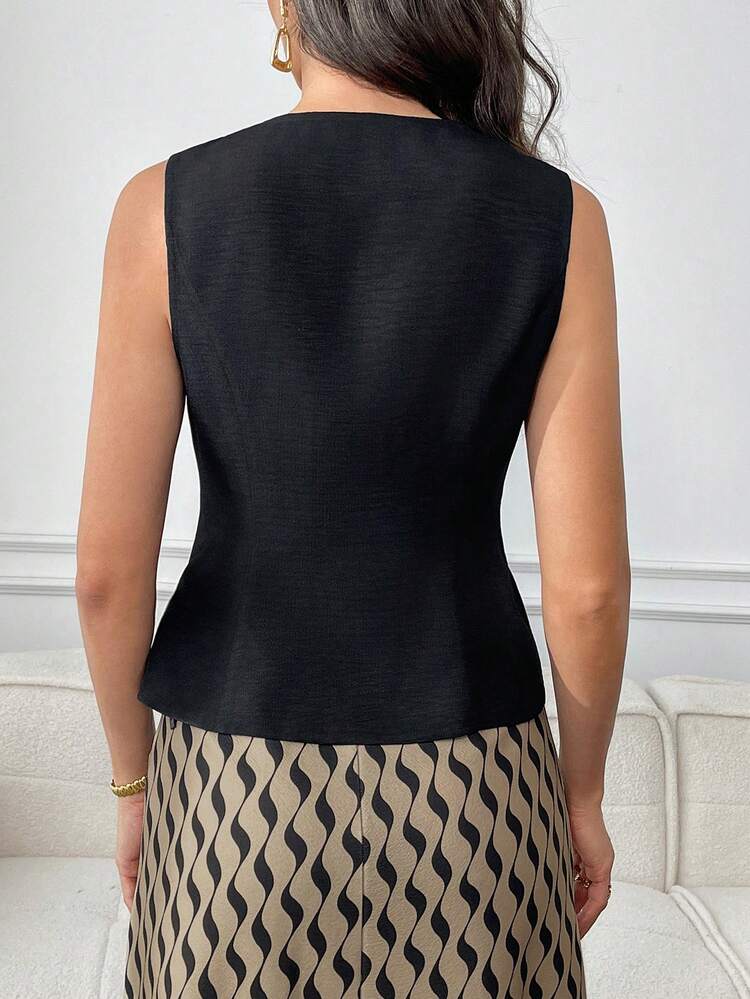 Women's Casual Solid Color Open Front Metal Button Blouse,Summer Outfit For Women,Festival Outfits For Women,Elegant Blazer For Women,Women's Social Blouse,Work Outfits For Women,Black Top