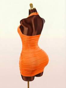 Amplova Women's Orange Pleated Fitted Halter Mini Dress Club Summer,Summer Dresses For Women - Orange - View 7