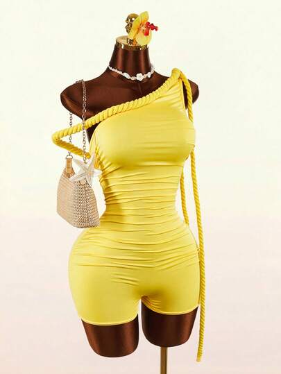 Amplova Women's Vacation Fashion Solid Color Asymmetric Collar Bodycon Romper