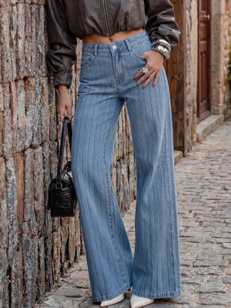 DAZY Women's Casual Straight Leg Jeans With Textured 3D Stripes, Loose Fit, Vintage Style, Fashion For Autumn And Spring, Suitable For Commuting - Blue - View 1