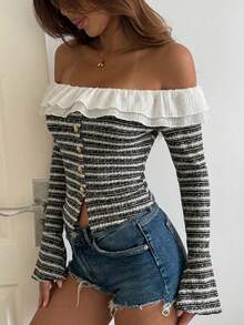 DAZY Women's Black And White Striped Long Sleeve T-Shirt,Autumn Elegant Off-Shoulder Mesh Ruffle Splice Metal Button Textured T-Shirt For Dates,Party - Black and White - View 8